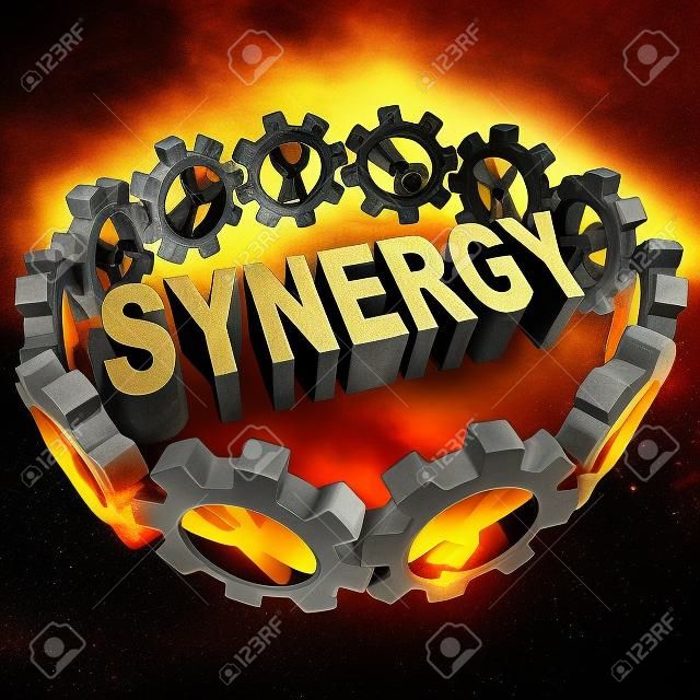 Het woord Synergy omringd door mensen in versnellingen