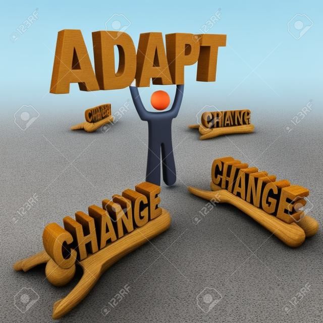 Una persona se encuentra celebrando la palabra Adapt, habiendo adoptado cambio, mientras que otros no aceptan el cambio y fueron aplastados por ella.