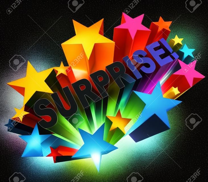 La sorpresa de la palabra en letras 3d disparos de una ráfaga de estrellas de colores o fuegos artificiales que ilustra la emoción de noticias o información de la diversión