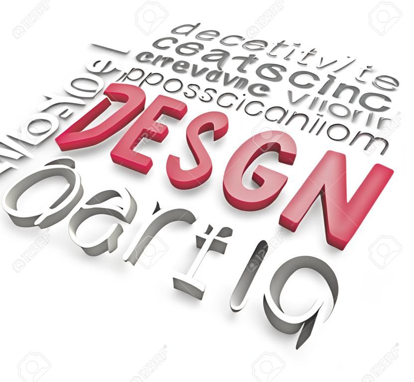 The word Design and related words in a collage representing creativity, beauty, inspiration, style, perspective and graphic designers, elements of an artistic profession