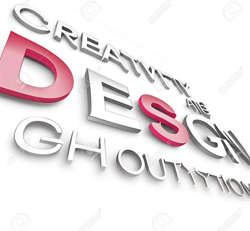 The word Design and related words in a collage representing creativity, beauty, inspiration, style, perspective and graphic designers, elements of an artistic profession