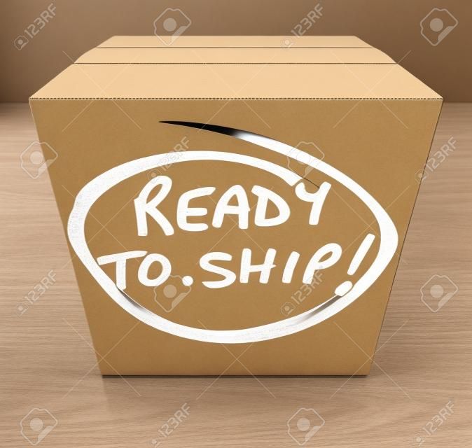 Ready per spedire le parole su una scatola di cartone per illustrare un prodotto o di beni che sono in magazzino e pronti ad essere inviati o consegnati ad un acquirente o un cliente