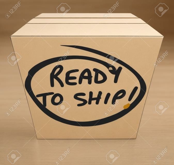 Ready per spedire le parole su una scatola di cartone per illustrare un prodotto o di beni che sono in magazzino e pronti ad essere inviati o consegnati ad un acquirente o un cliente