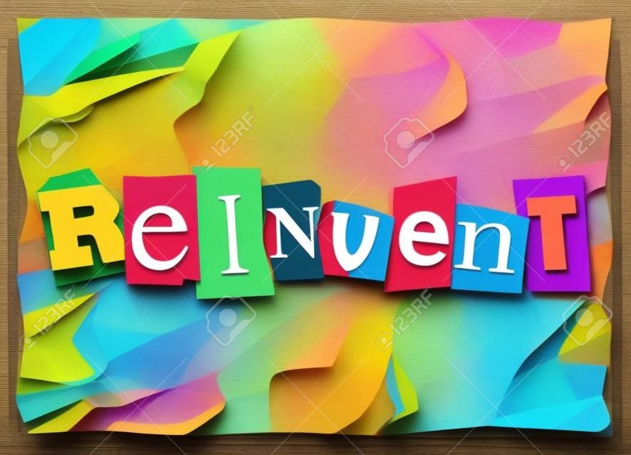 Reinventar la palabra en letras recortadas para ilustrar una actualización de producto o idea, rehacer, rehacer, renovación, renovar o mejora general