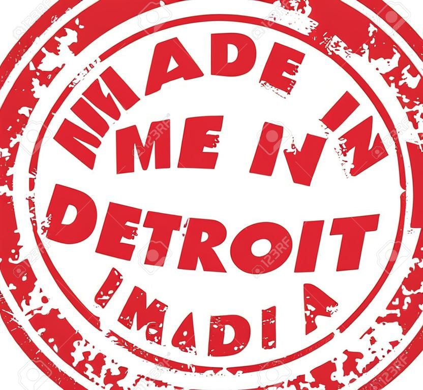 Made in Detroit words in a red round grunge stamp as a badge