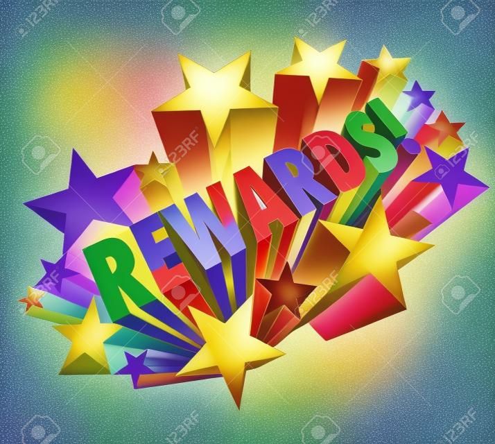 Rewards palabra en estrellas de colores que ilustra una recompensa, bonificación, premio, coacciones o incentivo para el buen desempeño o para alentar la compra o cualquier otro comportamiento