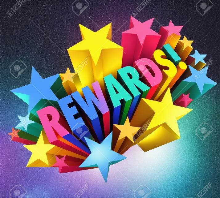 Rewards palabra en estrellas de colores que ilustra una recompensa, bonificación, premio, coacciones o incentivo para el buen desempeño o para alentar la compra o cualquier otro comportamiento