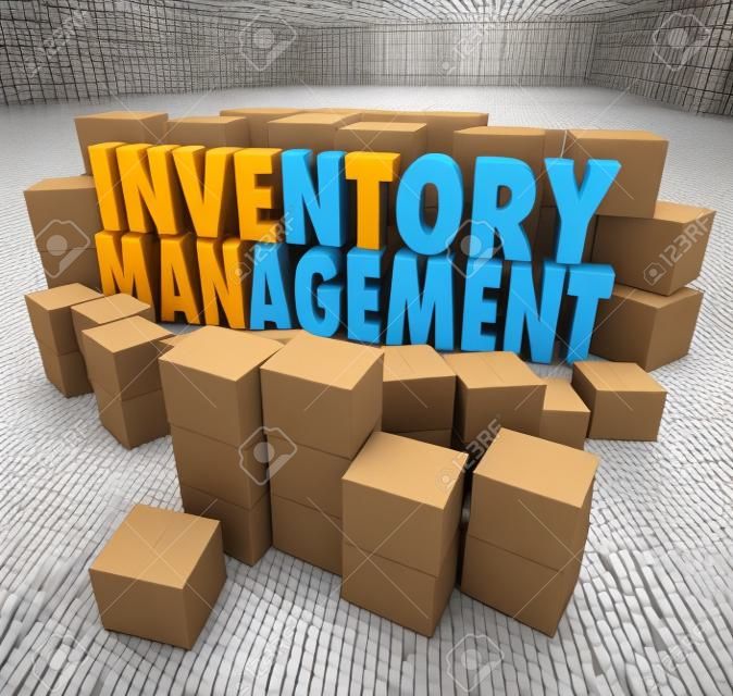 Palabras de gestión de inventario en letras 3d rodeado de cajas de cartón llenas de productos en un área de almacén o almacenamiento para ilustrar la logística o la cadena de suministro de control