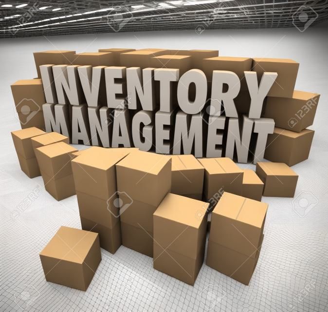 Parole gestione delle scorte in lettere 3d, circondato da scatole di cartone piene di prodotti in un'area magazzino o stoccaggio per illustrare logistica o filiera di controllo