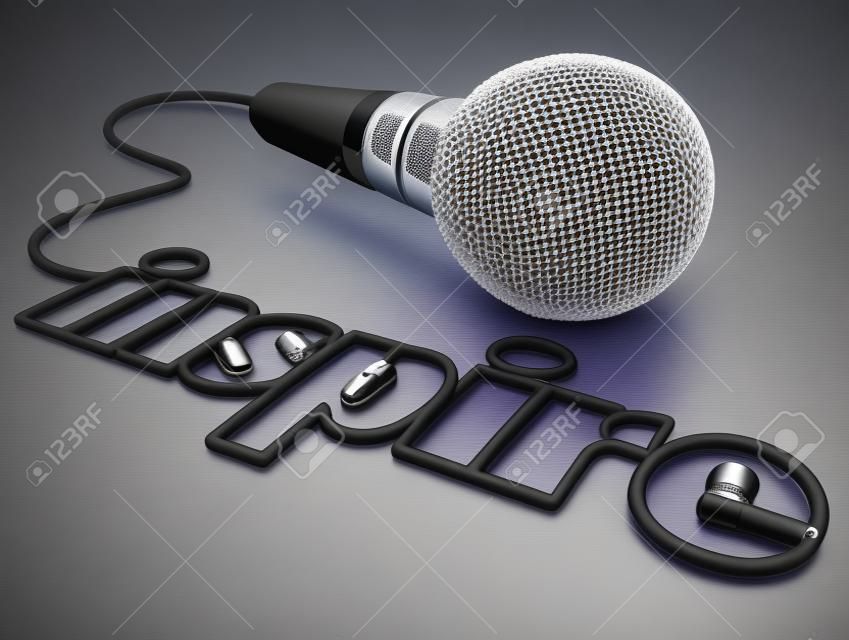 Inspire word in microphone cord to illustrate a keynote, motivational or self-help speaker sharing inspiration with a crowd or audience