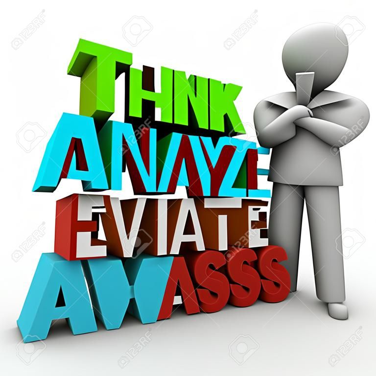 Think Analyze Evaluate Assess 3d Words beside a thinking person or thinker to illustrate steps of analysis, assessment and evaluation