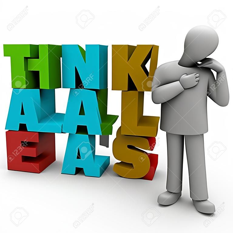 Think Analyze Evaluate Assess 3d Words beside a thinking person or thinker to illustrate steps of analysis, assessment and evaluation