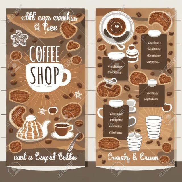 Coffee shop brochure vector, cafe menu design, sketch style. Coffee, desserts, tea, breakfast, cakes, donut, croissant, quote, coffee take away. Lettering, cup, logo, trendy. Hand drawn vector.