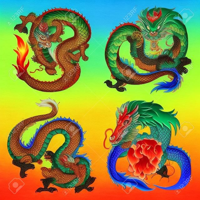 Set von vier asiatischen Osten Drachen von verschiedenen Blumen und Elemente auf dem chinesischen Horoskop. Cunning gelbe Erde Monster. Furious rot feurigen pangolin. Schlechte grüne Holz-Drachen. Blaues Wasser Geist.