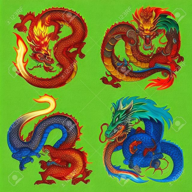 Set van vier Aziatische oostelijke draken van verschillende bloemen en elementen op de Chinese horoscoop. Snappige gele aarde monster. Furieuze rode vurige pangolin. Kwaad groene houten draak. Blauwe watergeest.
