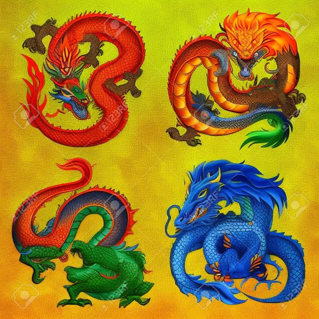 Set van vier Aziatische oostelijke draken van verschillende bloemen en elementen op de Chinese horoscoop. Snappige gele aarde monster. Furieuze rode vurige pangolin. Kwaad groene houten draak. Blauwe watergeest.
