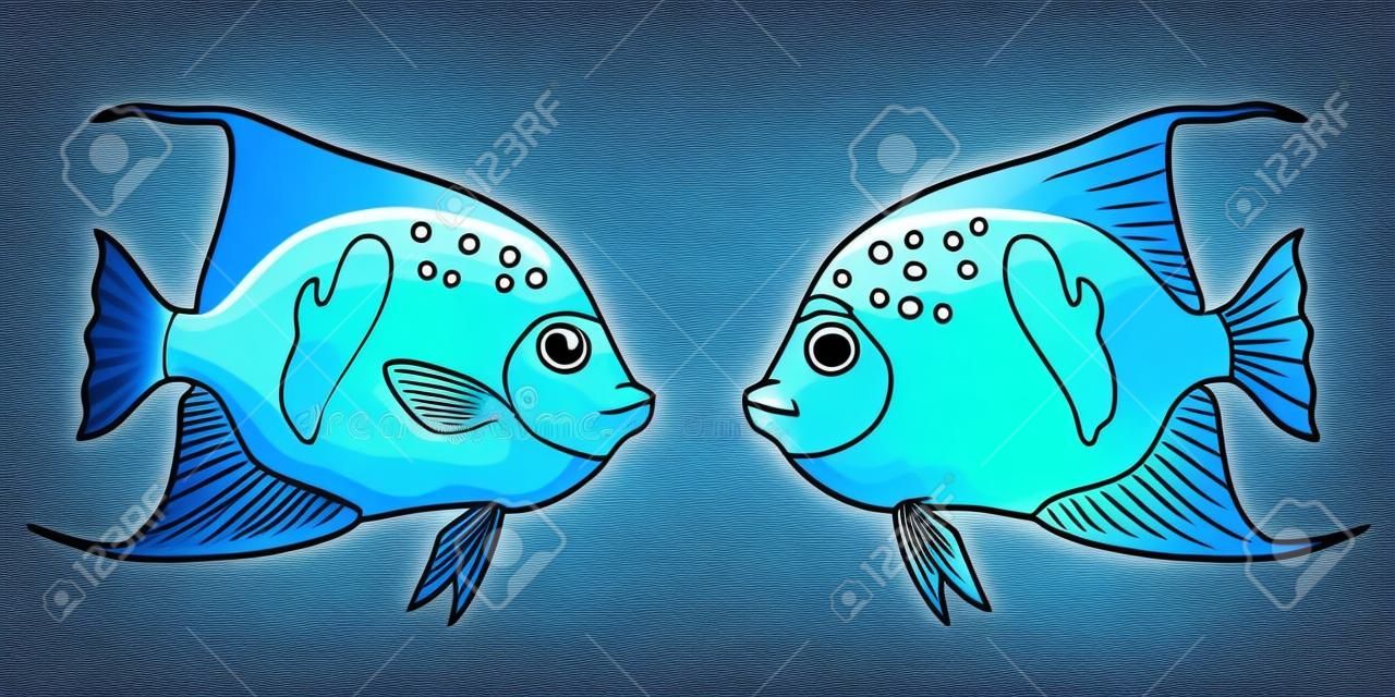 Blaue arabische Engelsfische des netten Seeaquariums bunte und schwarze Konturlinie auf einem weißen Hintergrund. Fisch Meerestier. Lokalisierte Karikaturvektorillustration, Seitenmalbuch.