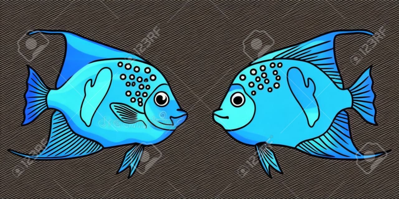 Mignonne mer aquarium bleu ange arabe poissons ligne de contour coloré et noir sur un fond blanc. Poisson animal marin. Illustration de vecteur de dessin animé isolé, livre de coloriage de page.