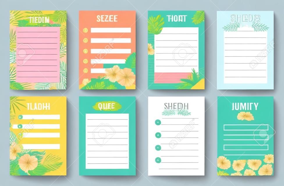 Modèle de feuilles pour organisateur, planificateur, liste de tâches dans un style exotique d'été. Illustration vectorielle plane d'un ensemble de pages de calendrier.
