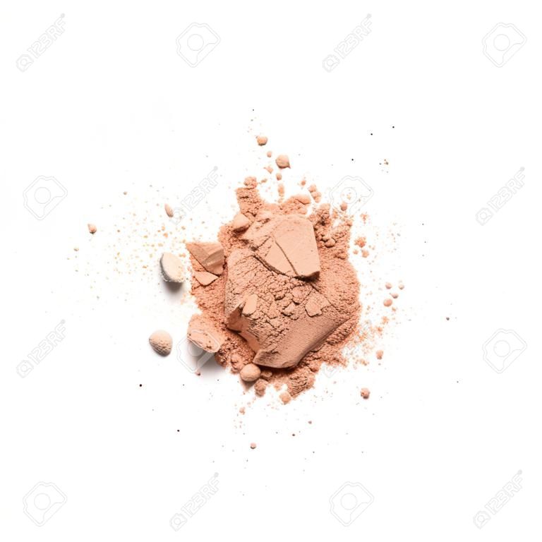 Beige abgestürztes Gesichtspuder für Make-up als Probe eines kosmetischen Produkts, isoliert auf weißem Hintergrund - Image