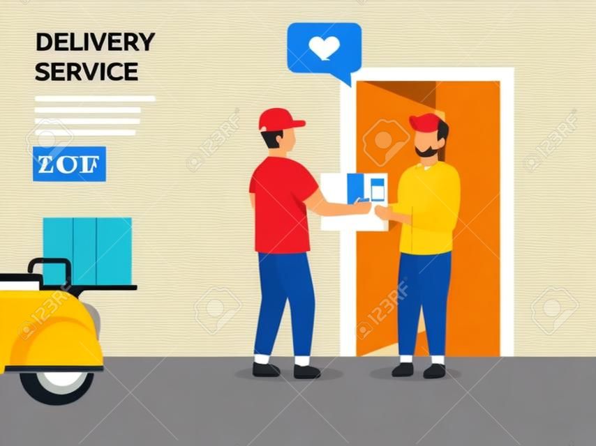 Ilustracja koncepcja usług spedycyjnych. Wektor ilustracja koncepcja usługi dostawy, e-commerce. Odbiór paczki od kuriera do klienta. Dostawa paczki do drzwi. Wektor