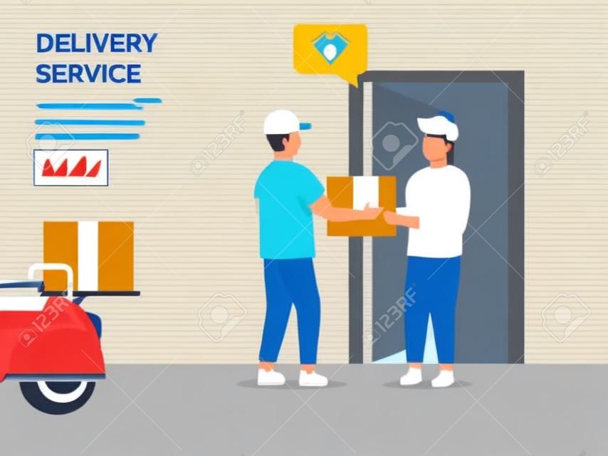 貨物輸送サービスの概念を示します。配信サービス、eコマースのためのベクトルイラストの概念。宅配便から顧客への荷物を受け取る。ドアへの配達小包。ベクトル
