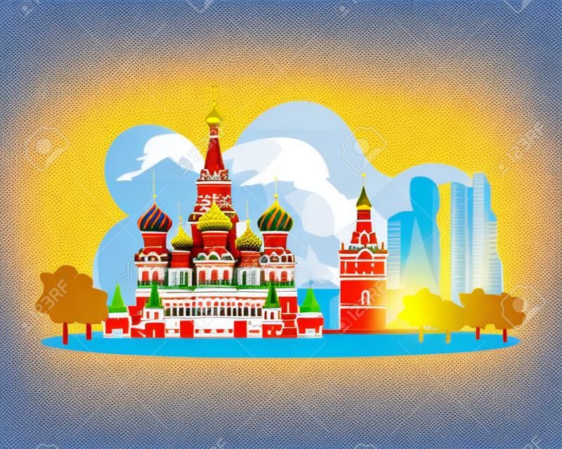 Ilustracja wektora Punkt orientacyjny Rosji. Rosja skyline, Landmark Kreml palace, ilustracja katedra św. Izaaka. Słynne miejsca w Rosji podróżują i odkrywają atrakcje turystyczne. Wektor w stylu płaskiej