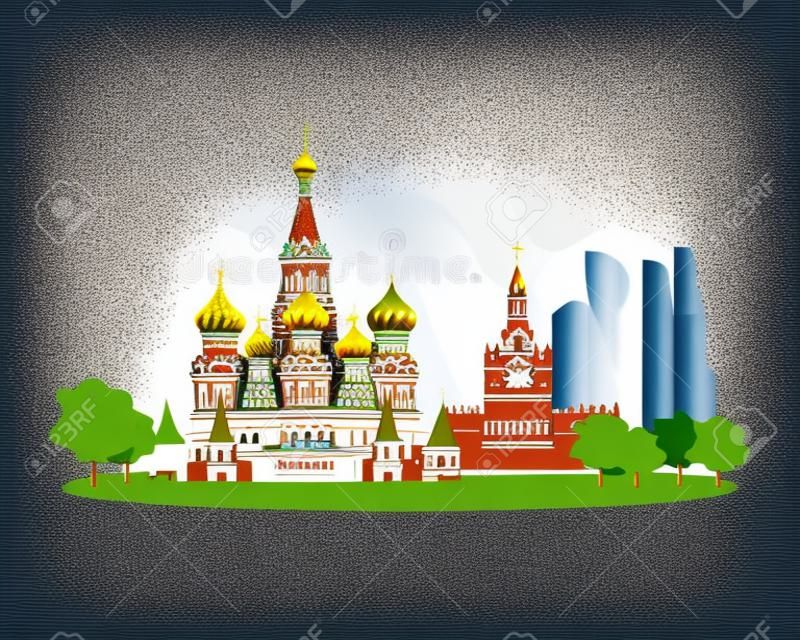 Vector illustration Russia landmark. Russia skyline, Landmark Kremlin palace, St. Isaac's Cathedral illustration. Famous Russia travel places and explore travel landmarks. Vector in flat style