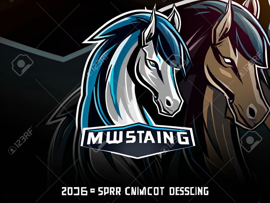 Projeto do logotipo do esporte do mascote do cavalo. Logotipo da ilustração do vetor do mascote do animal do Mustang. Projeto selvagem do mascote do cavalo, projeto do emblema para a equipe dos esports.