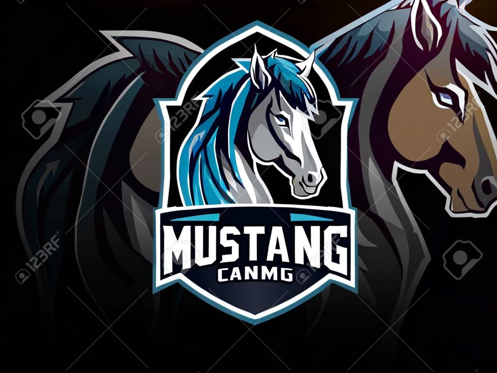 Projeto do logotipo do esporte do mascote do cavalo. Logotipo da ilustração do vetor do mascote do animal do Mustang. Projeto selvagem do mascote do cavalo, projeto do emblema para a equipe dos esports.