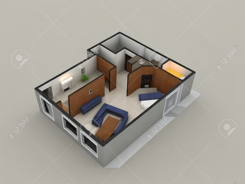 Planimetria 3D della casa con cucina, soggiorno, sala da pranzo rom, bagno e lavanderia.