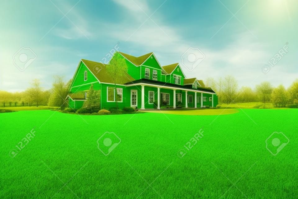 Large farm country house with spring green landscape, kids play ground.