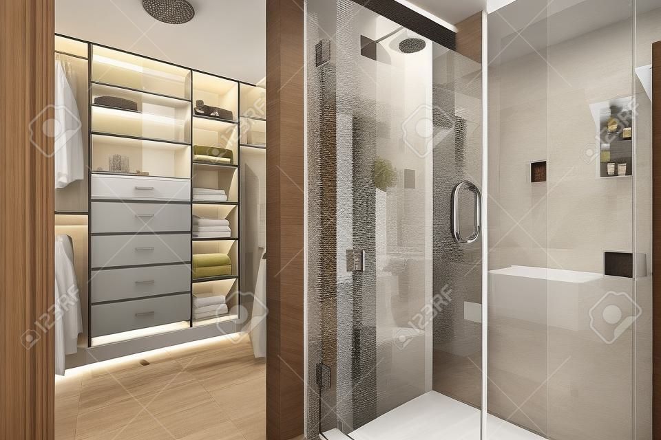 Modern bathroom interior with glass door shower and walk-in closet