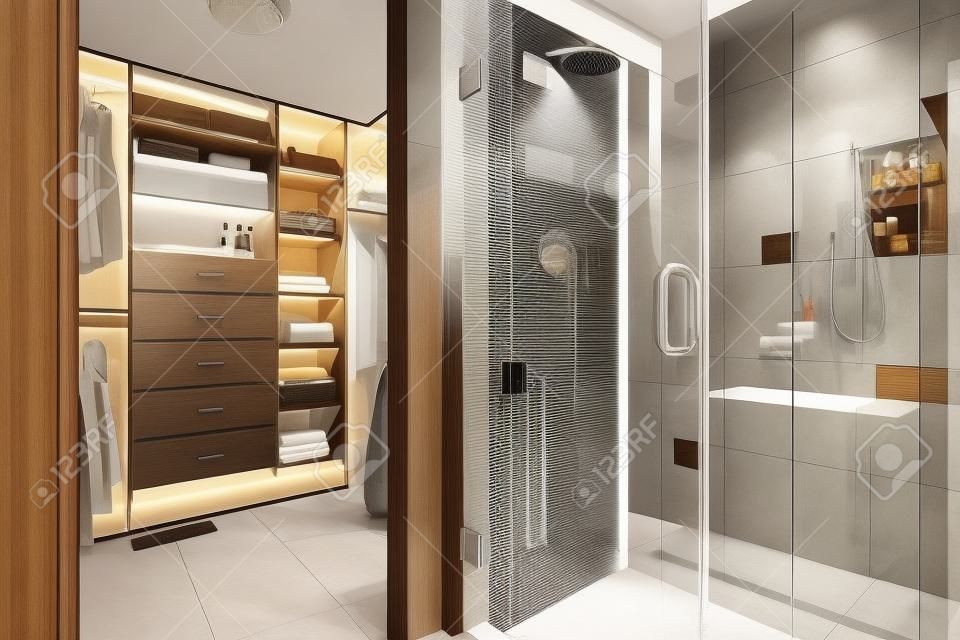 Modern bathroom interior with glass door shower and walk-in closet