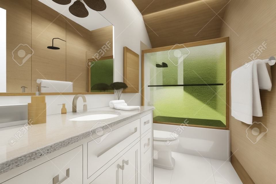 Badezimmer Interieur mit abgeschirmten Badewanne, Holzwaschbeckenunterschrank mit Schubladen und Granitplatte