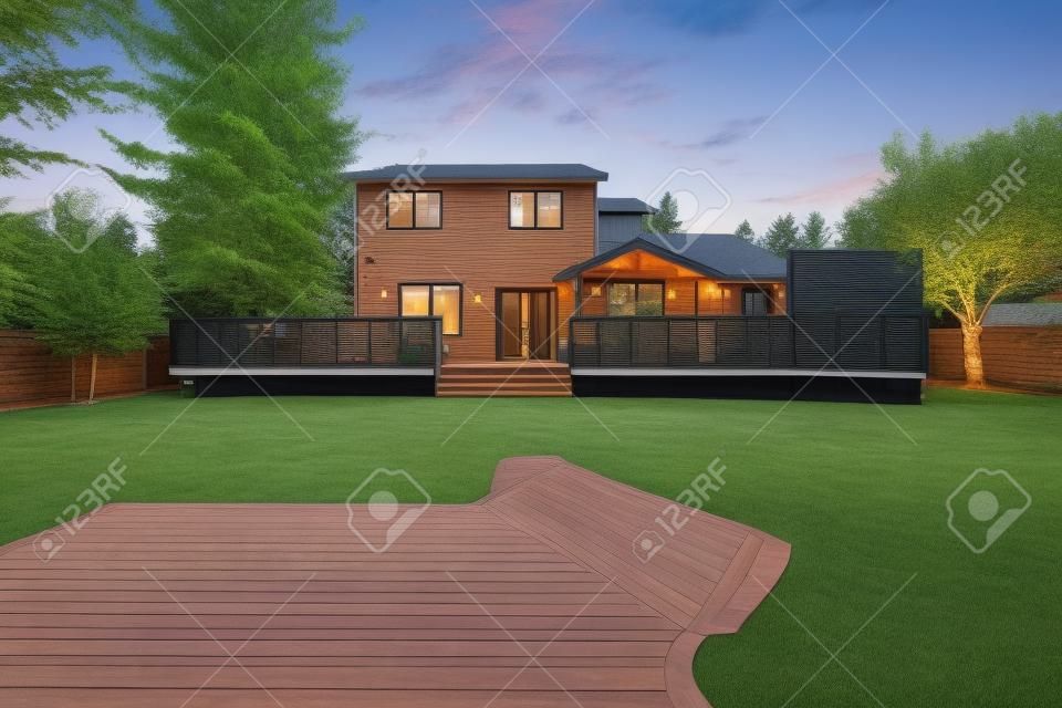 Volver patio de la casa exterior con amplia terraza de madera con zona de patio y pérgola adjunto. Noroeste, EE.UU.