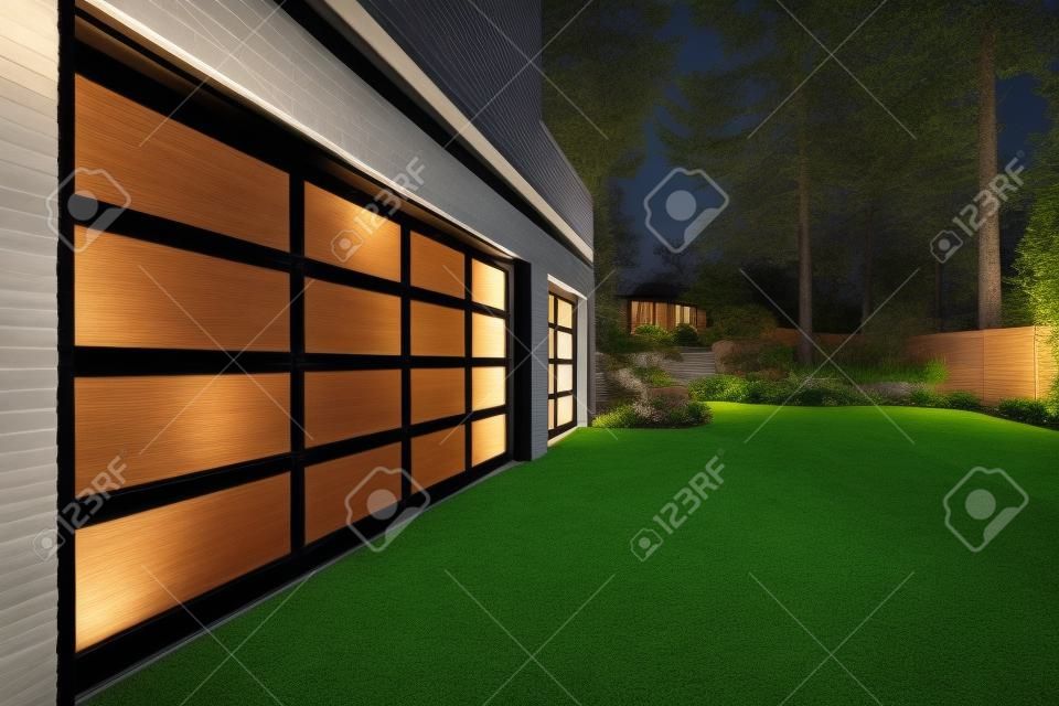 Modern house exterior with two car garage, spacious driveway at twilight