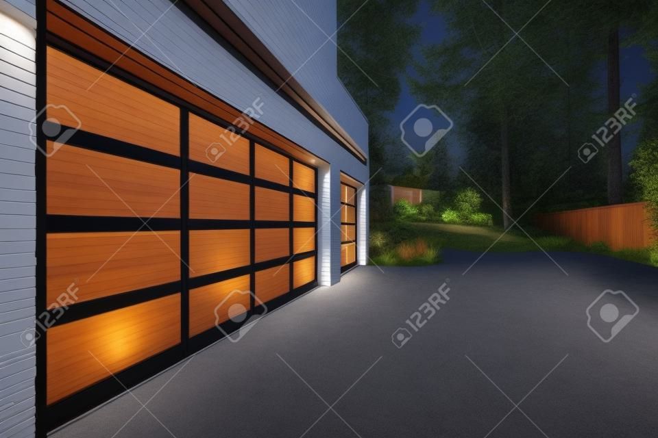 Modern house exterior with two car garage, spacious driveway at twilight