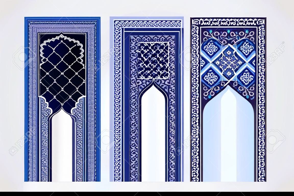 Plantillas de diseño de colección de tarjetas festivas Eid-Al-Fitr con adornos azules islámicos. Fondo nacional para la fiesta de la comunidad musulmana. Banners de Ramadán Kareem con espacio para texto. Ilustración vectorial.