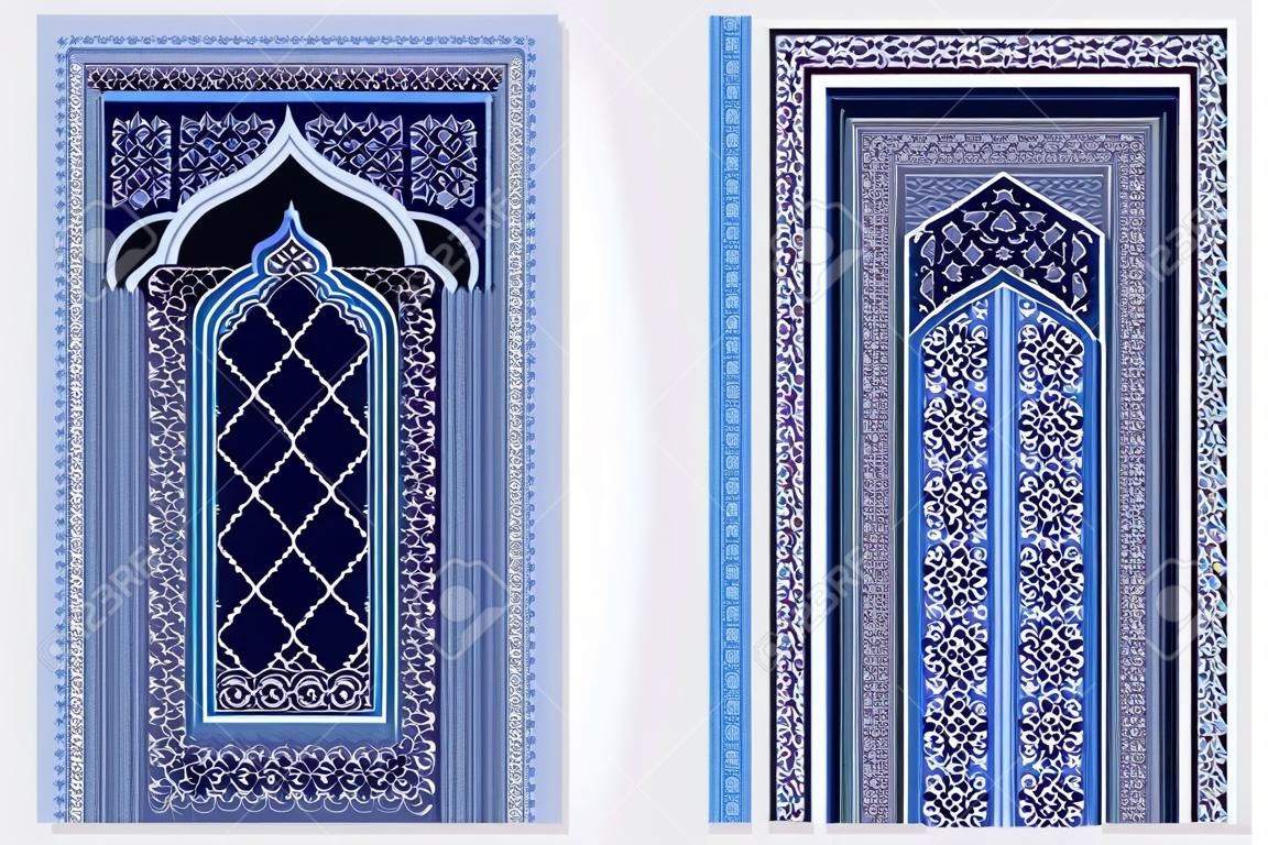 Plantillas de diseño de colección de tarjetas festivas Eid-Al-Fitr con adornos azules islámicos. Fondo nacional para la fiesta de la comunidad musulmana. Banners de Ramadán Kareem con espacio para texto. Ilustración vectorial.