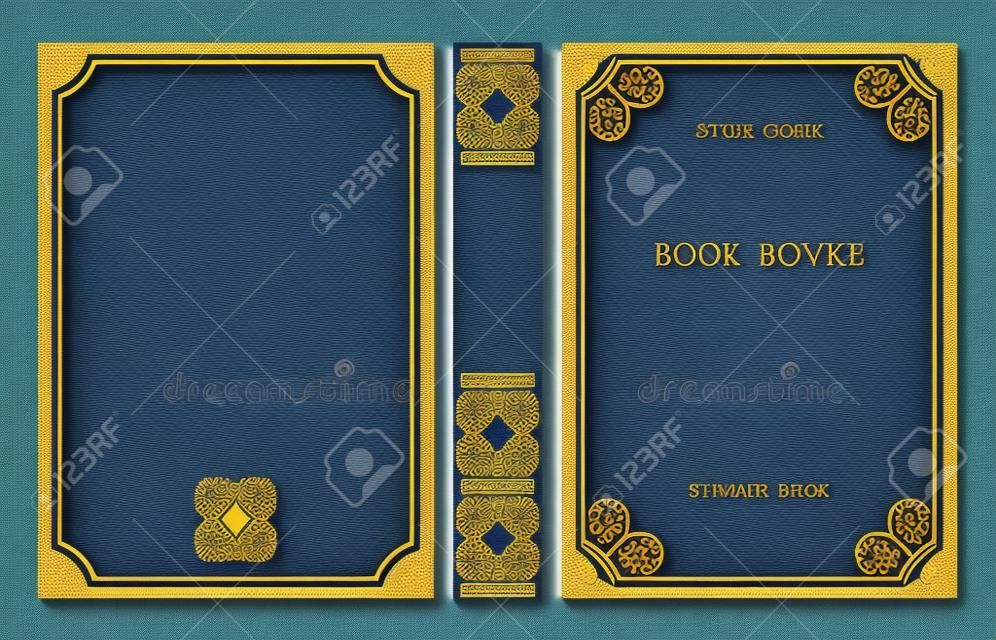 Standard book cover and spine design. Old retro ornament frames. Royal Golden and dark blue style design. Vintage Border to be printed on the covers of books. Vector illustration