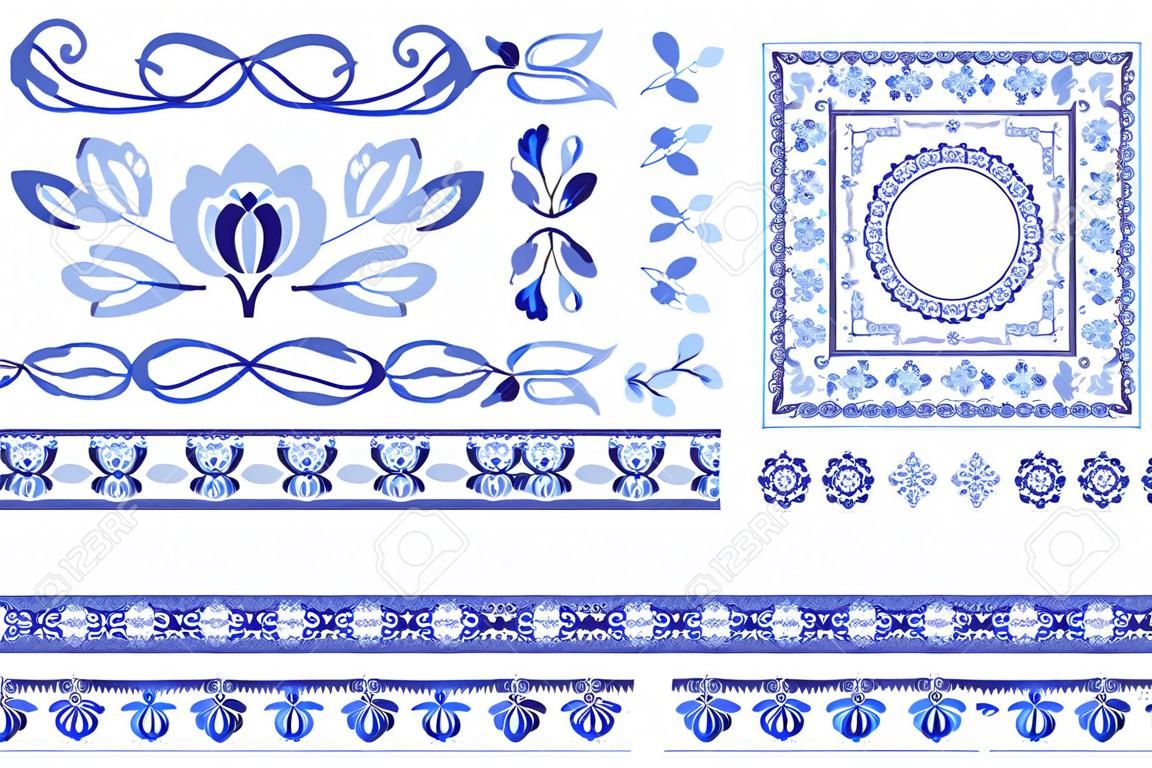 Set of blue elements with floral ornament. Seamless pattern in rustic style Border brush with corner items. Round and square frame Cobalt painting style on ceramic Oriental motifs Vector illustration