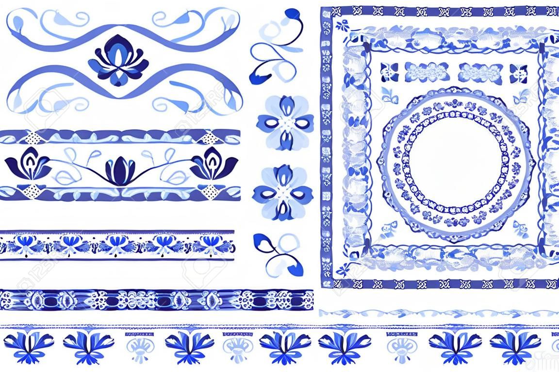 Set of blue elements with floral ornament. Seamless pattern in rustic style Border brush with corner items. Round and square frame Cobalt painting style on ceramic Oriental motifs Vector illustration