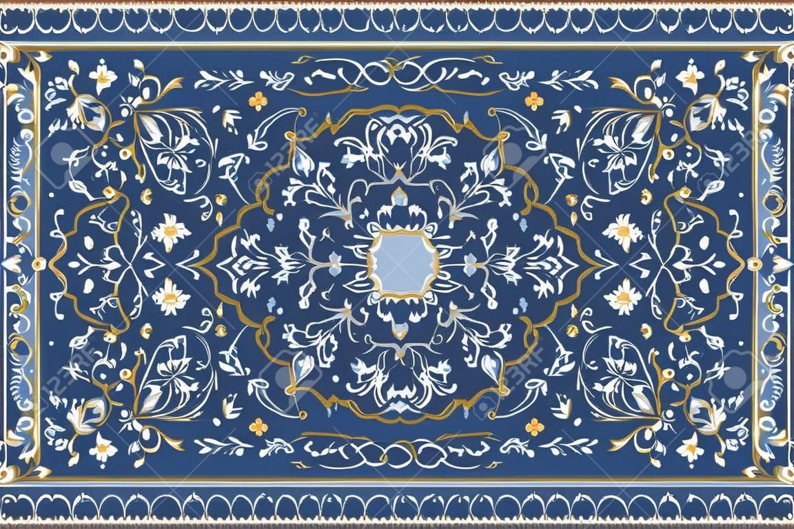 Arabisches Muster der Weinlese. Persischer farbiger Teppich. Reiche Verzierung für Stoffdesign, Handarbeit, Innendekoration, Textilien. Blauer Hintergrund.