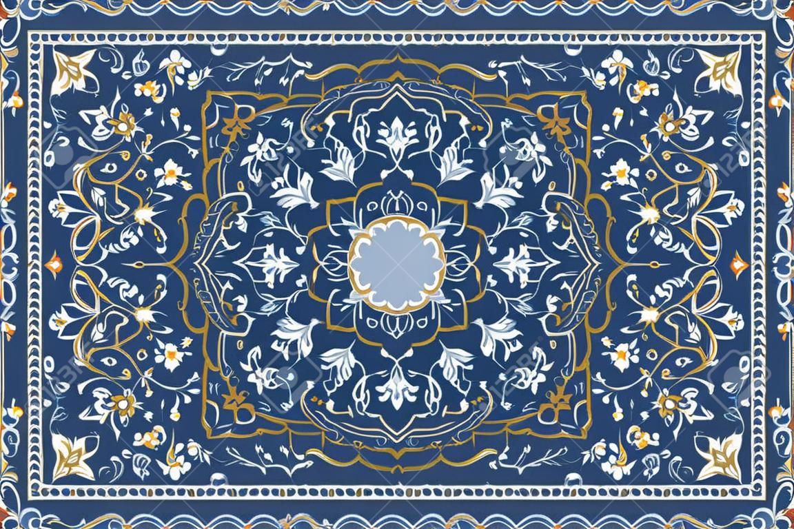 Arabisches Muster der Weinlese. Persischer farbiger Teppich. Reiche Verzierung für Stoffdesign, Handarbeit, Innendekoration, Textilien. Blauer Hintergrund.