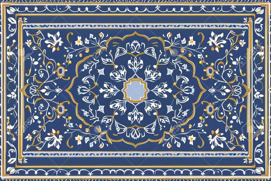 Modello arabo dell'annata. Tappeto persiano colorato. Ricco ornamento per il design del tessuto, fatto a mano, decorazione d'interni, tessuti. Sfondo blu.