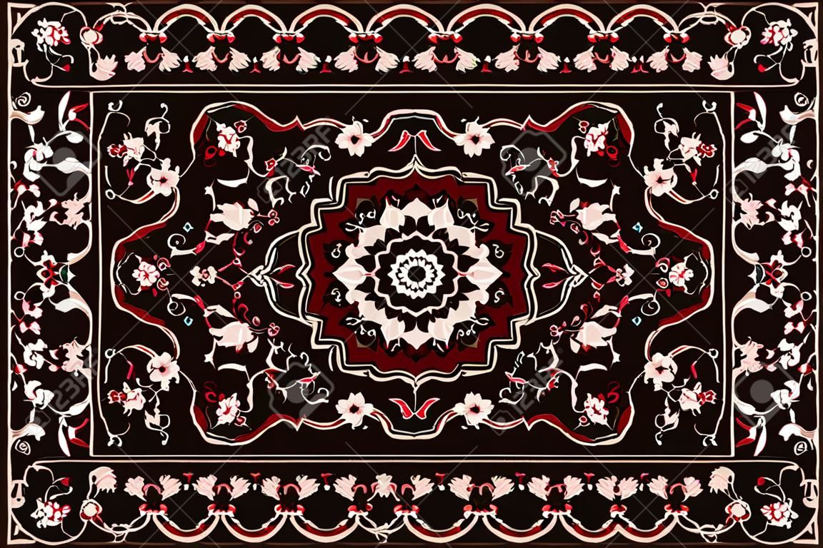 Arabisches Muster der Weinlese. Persischer farbiger Teppich. Reiche Verzierung für Stoffdesign, Handarbeit, Innendekoration, Textilien. Roter Hintergrund.