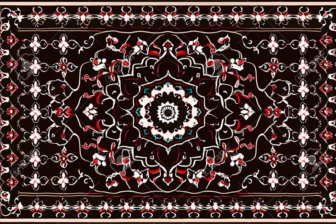 Arabisches Muster der Weinlese. Persischer farbiger Teppich. Reiche Verzierung für Stoffdesign, Handarbeit, Innendekoration, Textilien. Roter Hintergrund.