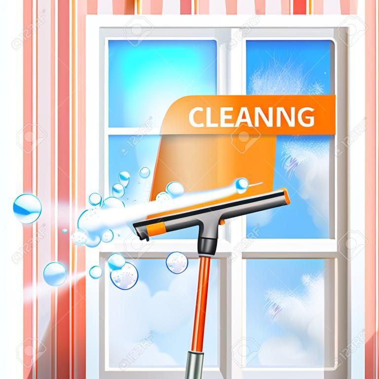 Vector window cleaning squeege 3d detergent spray