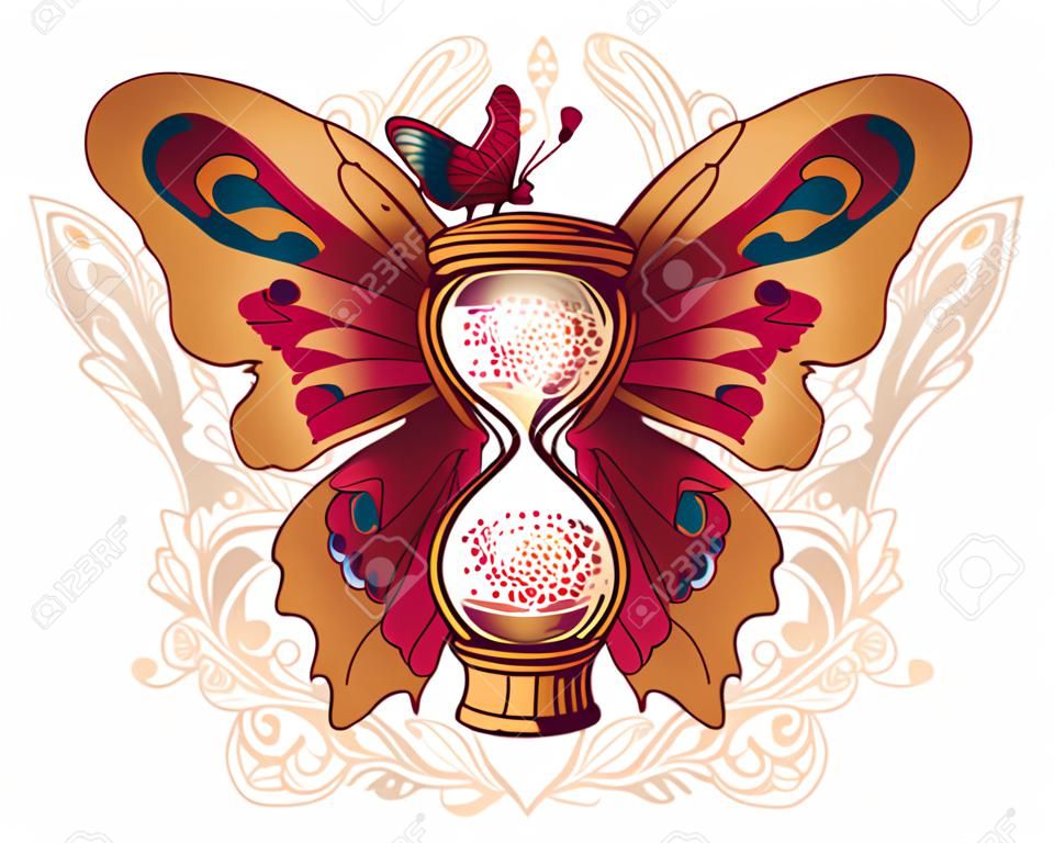 beautiful hourglass with butterfly wings artistic vector illustration